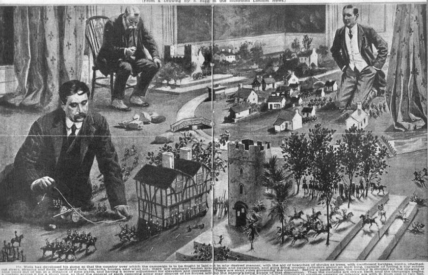 H. G. Wells hraje válečnou hru. Illustrated London News 25. ledna 1913. Autor: Samuel Begg (1854–1919)