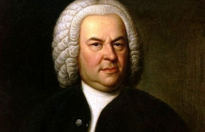 Johann Sebastian Bach ve věku 61 let na portrétu Eliase Gottlob Haussmanna, druhá verze jeho plátna z roku 1746 (výřez).