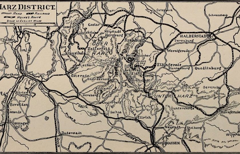 Mapa Heineho cesty. Z knihy Die Harzreise und Buch Le Grand (1912).