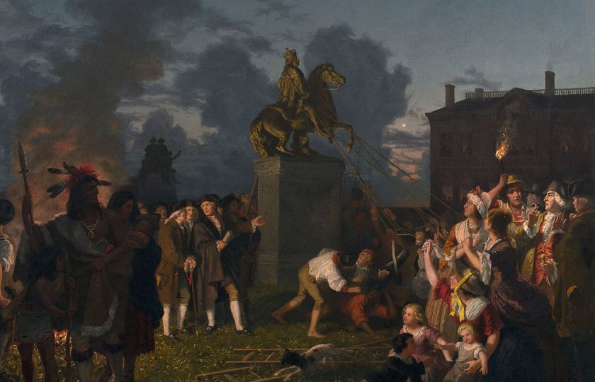Johannes Adam Simon Oertel (1823–1909): Strhávání sochy anglického krále Jiřího III. v New Yorku v roce 1776 (1859).