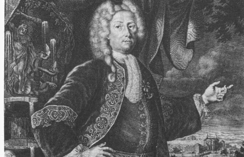 Portrét hraběte Františka Antonína Šporka, rytina E. J. Haase z roku 1735 (výřez).