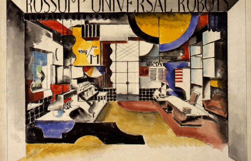 Bedřich Feuerstein: Scénický návrh ke hře K. Čapka R.U.R., 1921, GHMP. Foto: Galerie hlavního města Prahy