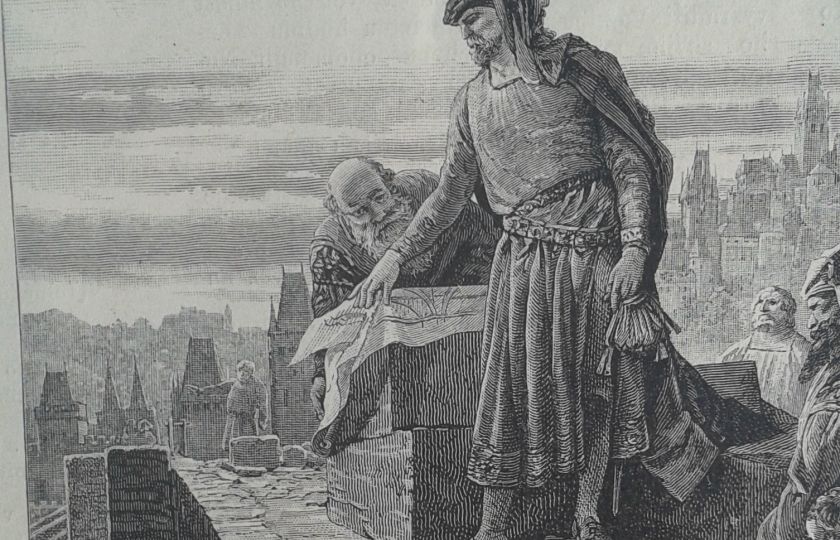 Adolf Liebscher: Karel IV. přehlíží stavbu kamenného mostu Pražského (výřez)