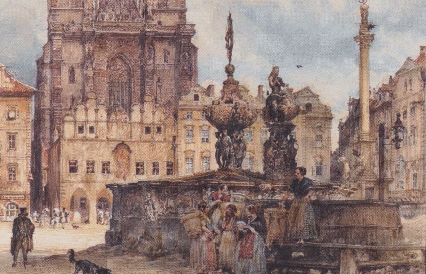 Rudolf von Alt: Staroměstské náměstí s Týnským chrámem, 1843 (výřez).